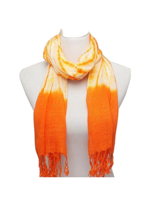 Orange and yellow gradient scarf on a mannequin against a gray background