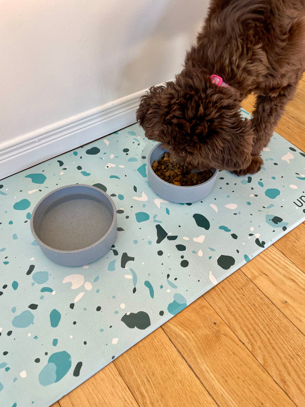 Vegan Leather Pet Food Mat — Terrazzo Blue
