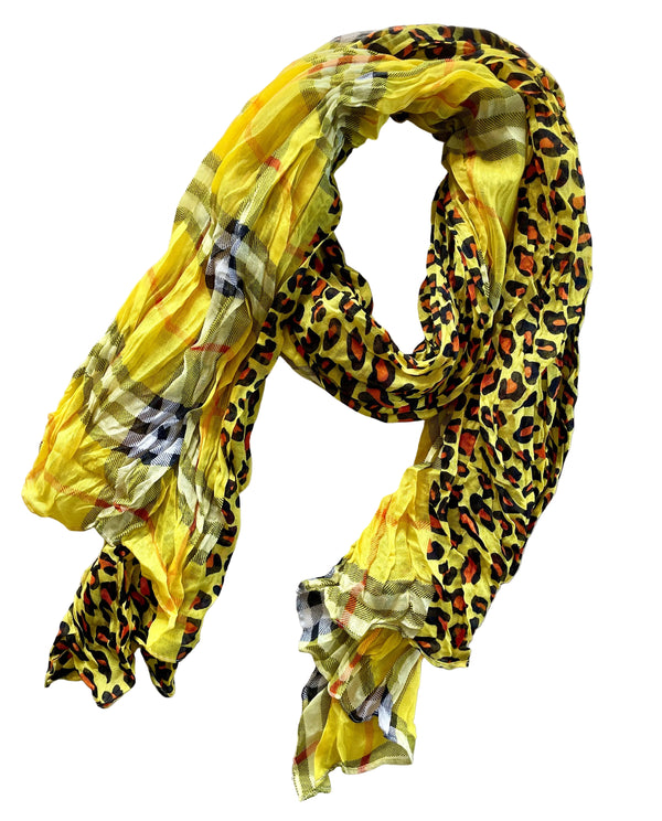 Yellow scarf with leopard print pattern on a white background