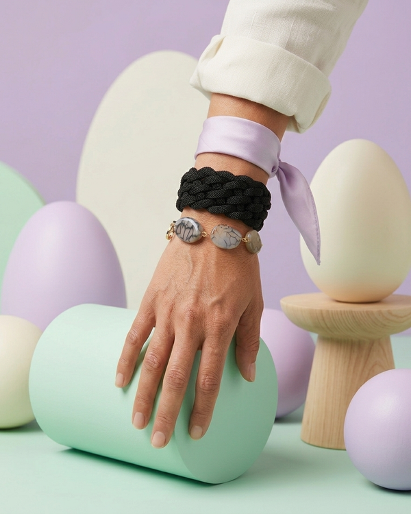Hand wearing bracelets with pastel-colored eggs in the background