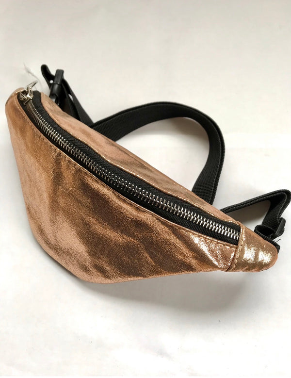 Brown suede fanny pack with a black strap on a white background