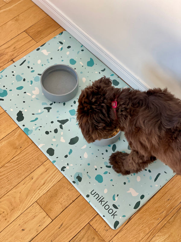 Vegan Leather Pet Food Mat — Terrazzo Blue