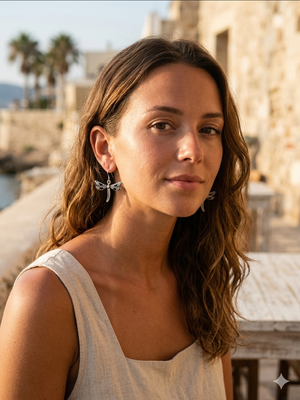 Woman with earrings standing in front of a scenic background with buildings and palm trees.