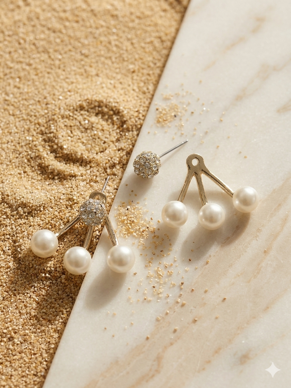 Set of pearl and gold earrings on a marble surface with sand.