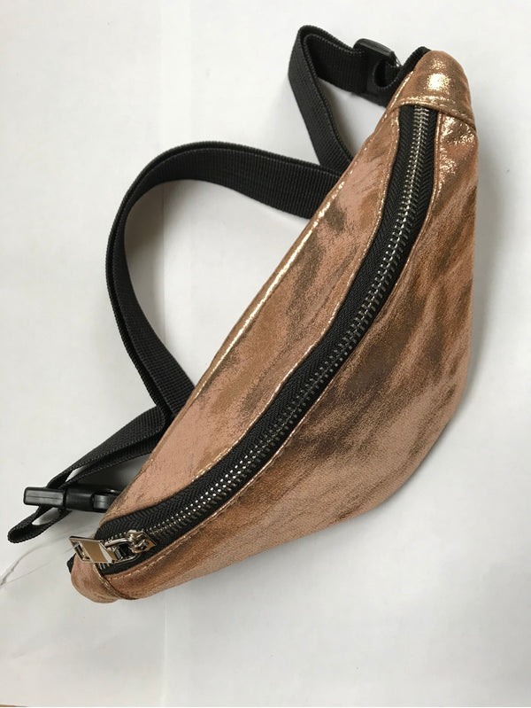 Bronze metallic fanny pack with black zipper on a white background