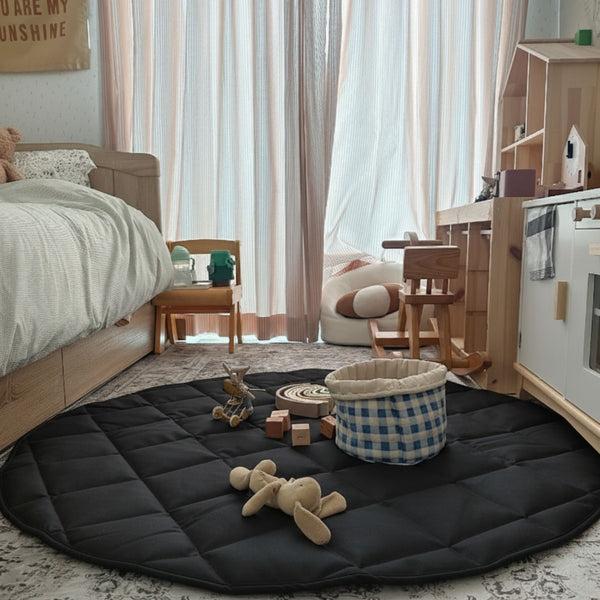 Quilted Vegan Leather Round Floor Mat — Black & Cream | 47"