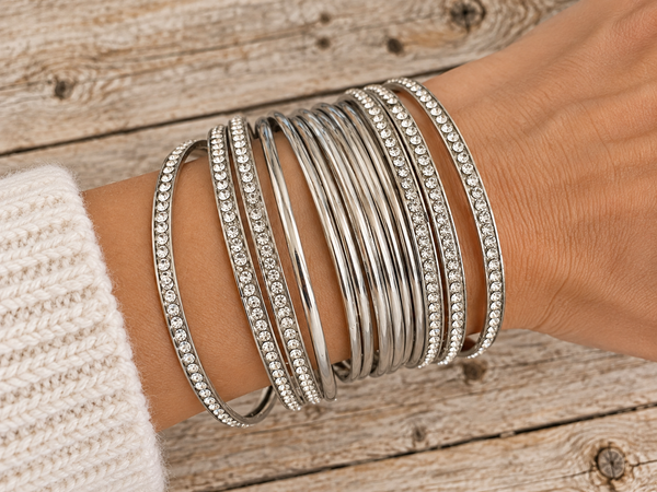 13-Piece Silver Tone Rhinestone & Polished Bangle Bracelet Set