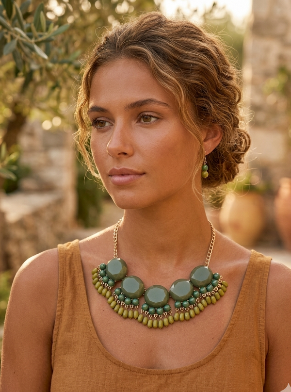 Woman wearing a green necklace outdoors with a stone wall and plants in the background