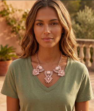 Woman wearing a green shirt and floral necklace outdoors