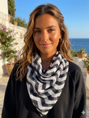 Woman wearing a black and white striped scarf with a scenic background