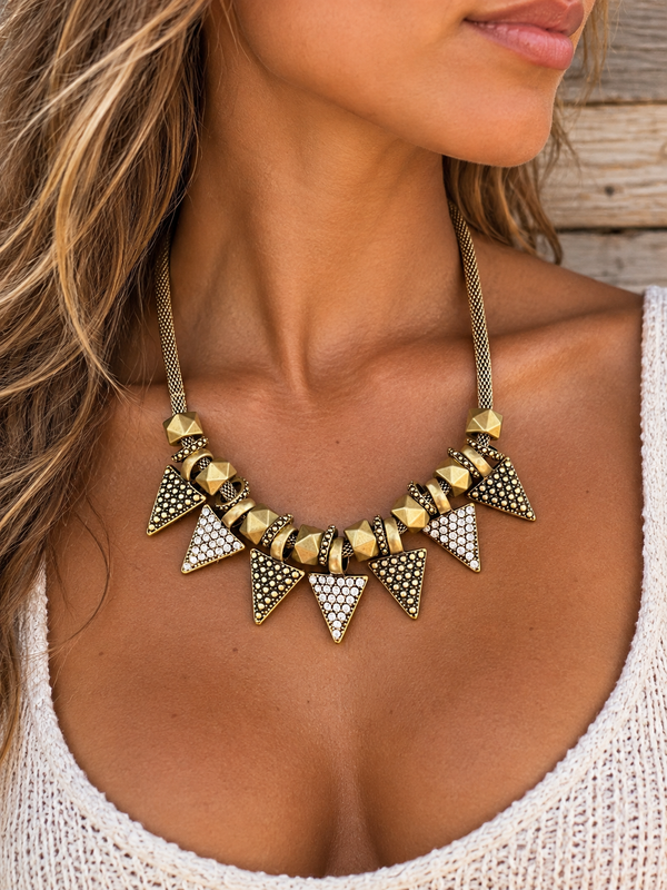 Golden Edge Statement Necklace – Crystal Triangle Bib Necklace on a bust girl