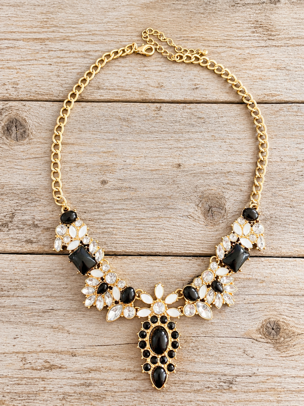 Midnight Noir Black & Crystal Gold Statement Necklace