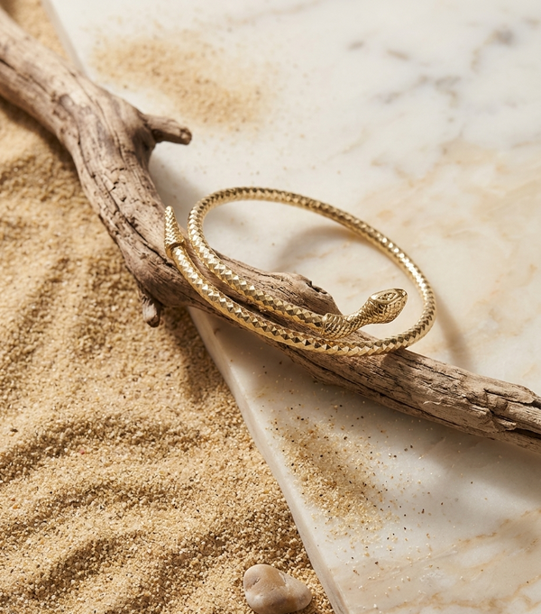 Gold bracelet on a branch with sand and stone in the background