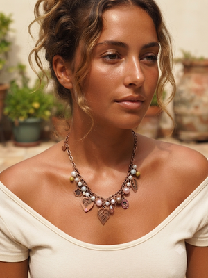 A woman wearing a bohemian-style statement necklace with faux pearls, heart charms, and leaf pendants over a cream off-the-shoulder top.