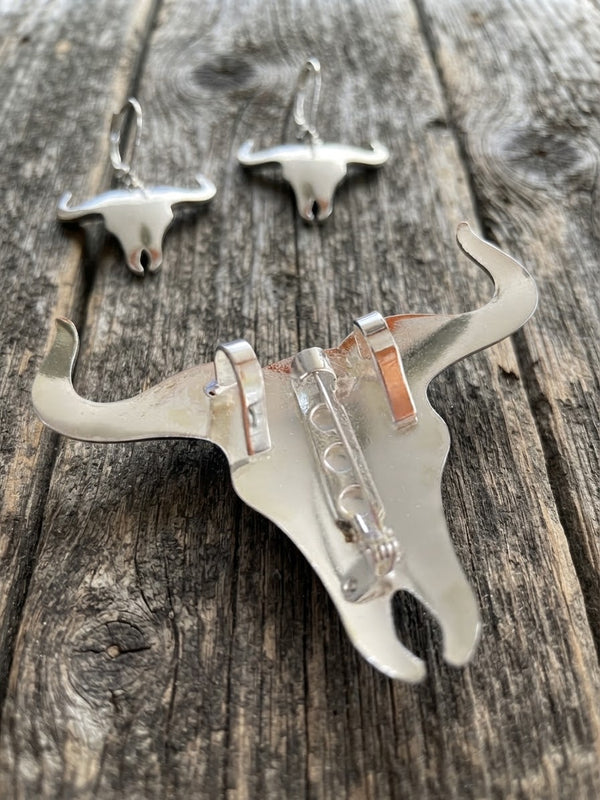 Silver Longhorn Boho Pendant or Pin  & Earring Set