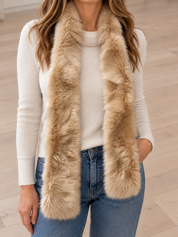 Woman wearing beige faux fur scarf with cream sweater