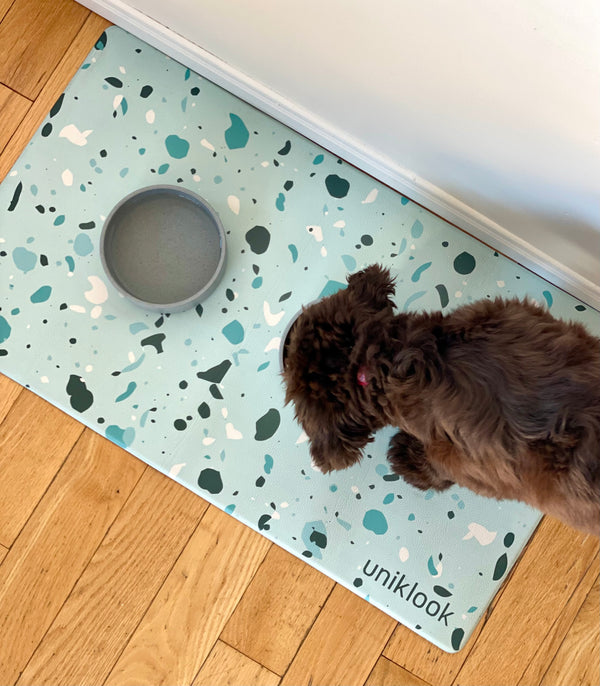 Dog standing on a terrazzo-patterned mat with a bowl, on a wooden floor.