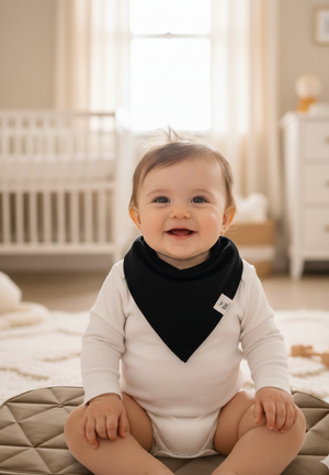 Baby sitting on a cushion in a nursery wearing a white onesie with a black bib.