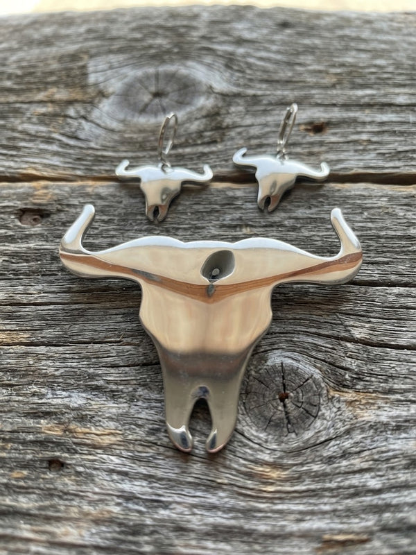 Silver Longhorn Boho Pendant or Pin  & Earring Set