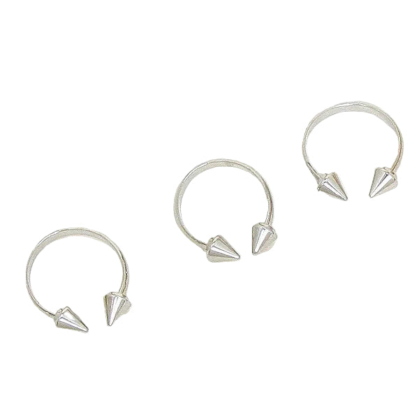 Silver hoop earrings with spike details on a white background