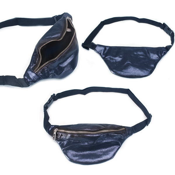Three navy blue fanny packs with zippers on a white background