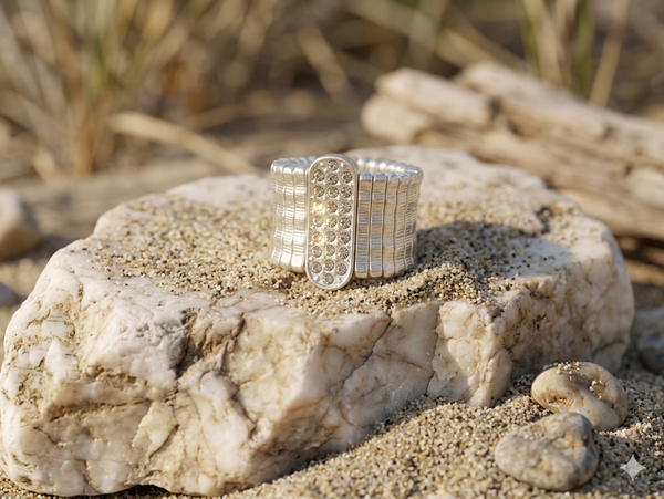 Silver ring on a textured stone surface with a natural background