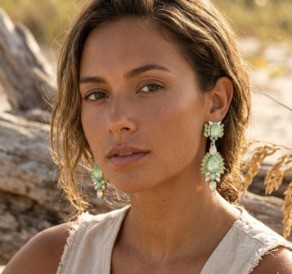 Woman wearing large green earrings with a natural background
