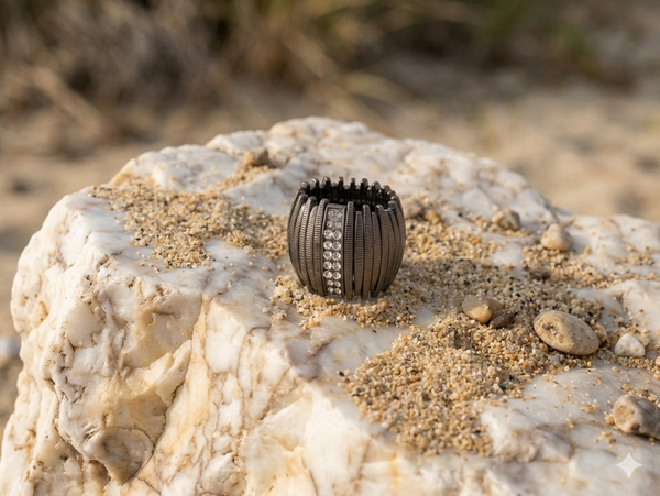 Black cylindrical object on a textured rock surface with sand