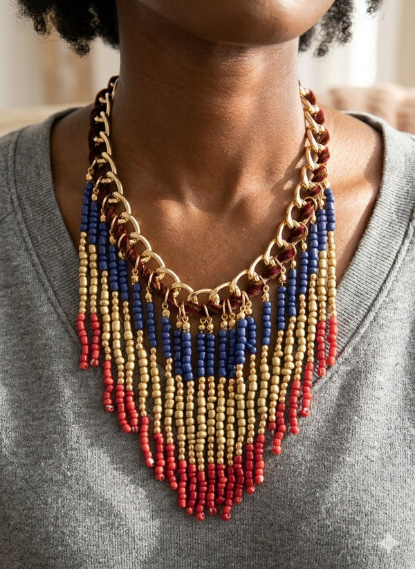 Blue, Gold & Red Beaded Fringe Statement Necklace — 17 in