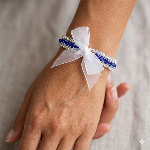 3-Row Clear & Blue Rhinestone Stretch Bracelet with Removable Organza Bow