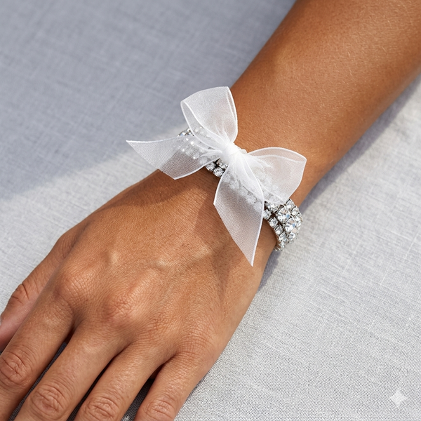 3-Row Sparkling Rhinestone Stretch Bracelet with Removable Organza Bow