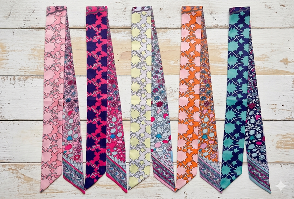 Five patterned scarves of different colors on a wooden surface