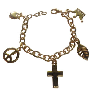 Gold charm bracelet with various charms on a white background