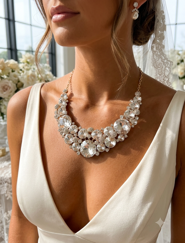 Close-up of a woman wearing a sparkling necklace with a blurred floral background