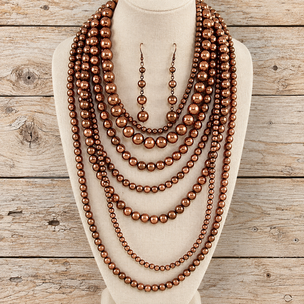 Antiqued Copper Multi-Strand Bib Statement Necklace & Earrings Set