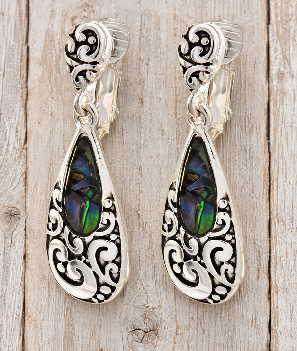 Vintage Silver Filigree Abalone Shell Teardrop Dangle Earrings