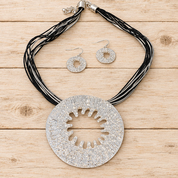 Silver Sunburst Necklace & Earrings Set