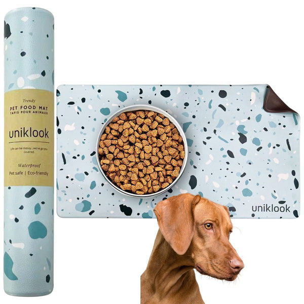 Vegan Leather Pet Food Mat — Terrazzo Blue