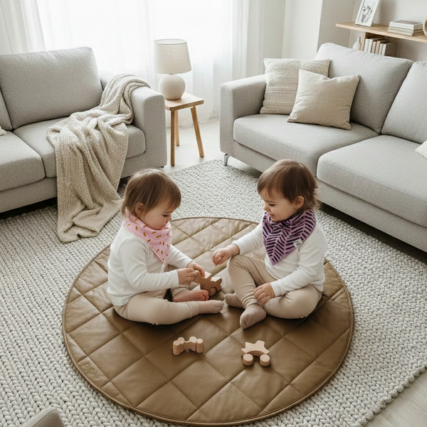 Quilted Vegan Leather Round Floor Mat — Tan & Gray | 35"