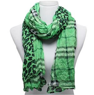 Green scarf with leopard print pattern on a mannequin against a gray background