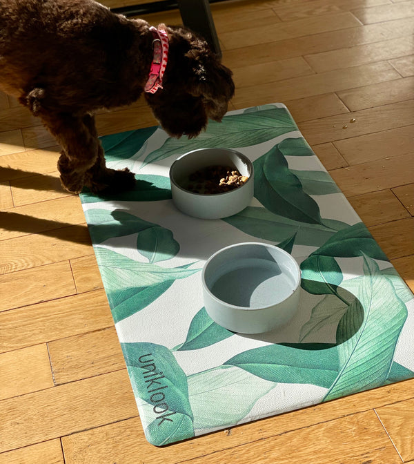 Vegan Leather Pet Food Mat — Outside Leaf Print