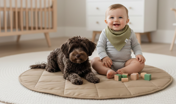 Baby sitting on a mat with a dog and blocks in a nursery