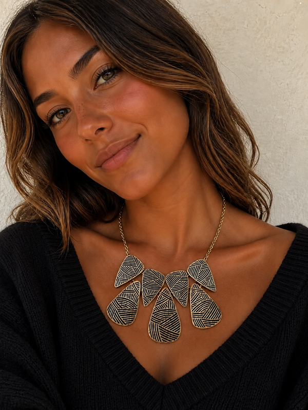 Antique Gold Geometric Cutout Statement Necklace — 18 in