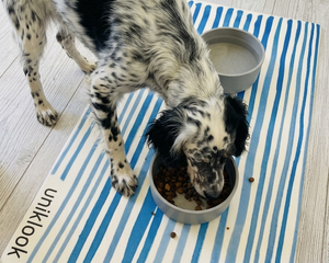 Dog eating from a bowl on a striped mat with 'Unikook' branding