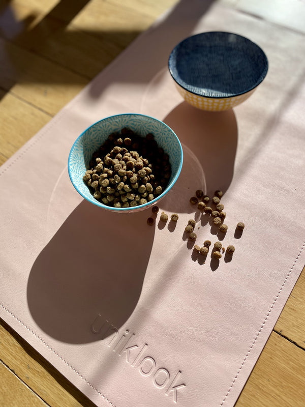 A pink pet food mat with a blue bowl containing pet food on top of it, placed on a wooden floor with a shadow falling on the mat.