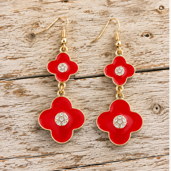 Red Enamel Double Flower Drop Earrings with Crystal Accents