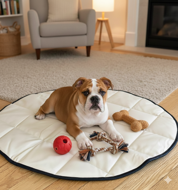 Dog lying on a round mat with toys in a cozy living room.