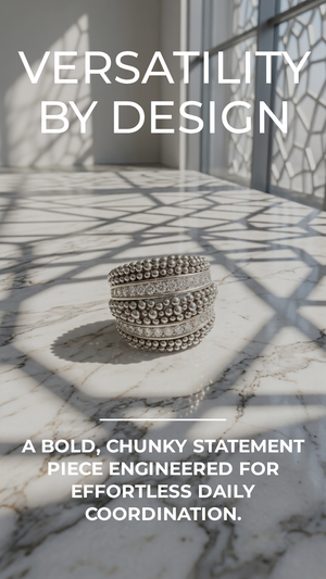 Decorative bowl on a marble floor with text about versatility and design.