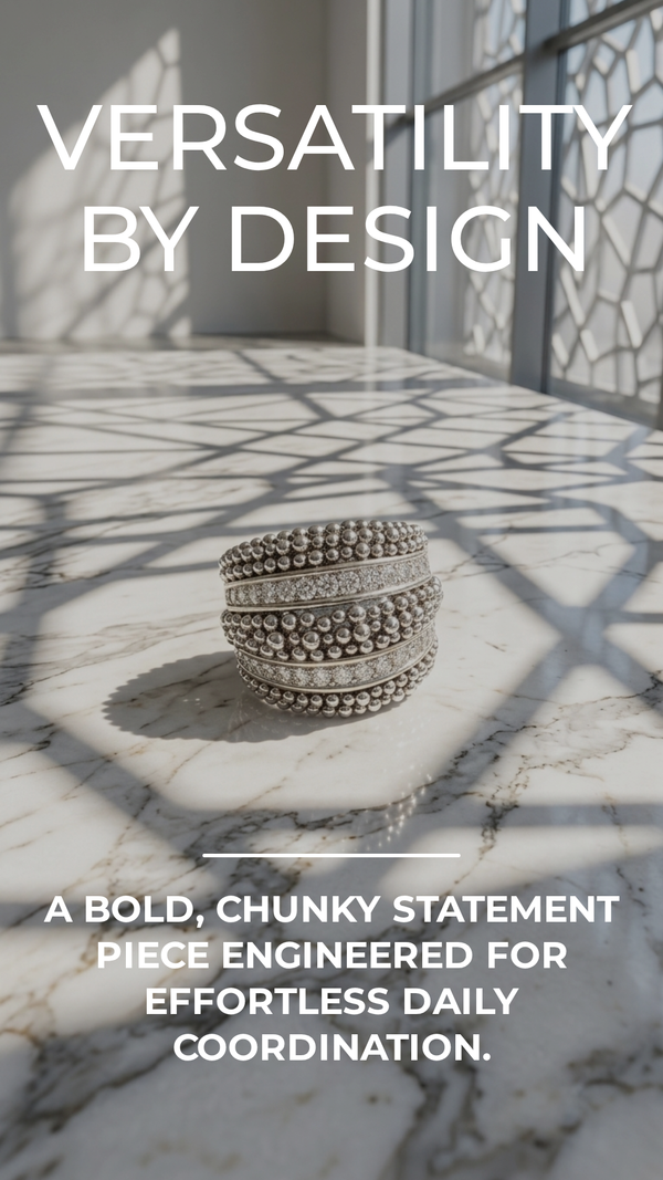 Decorative bowl on a marble floor with text about versatility and design.
