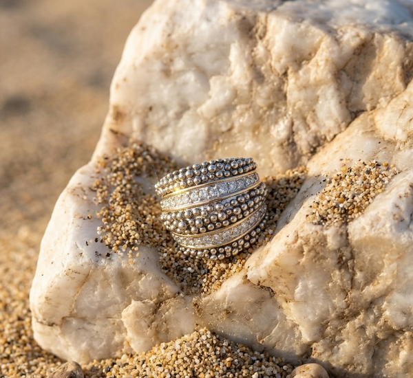 Gold and silver ring on a rock with sand
